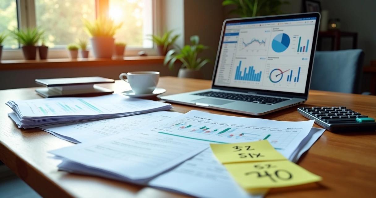 Mesa de trabalho com documentos contábeis, planilhas e calculadora 