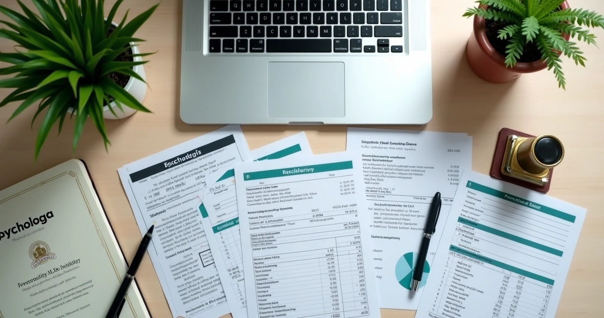 Documentos fiscais, laptop e carimbo de aprovado sobre mesa de escritório 