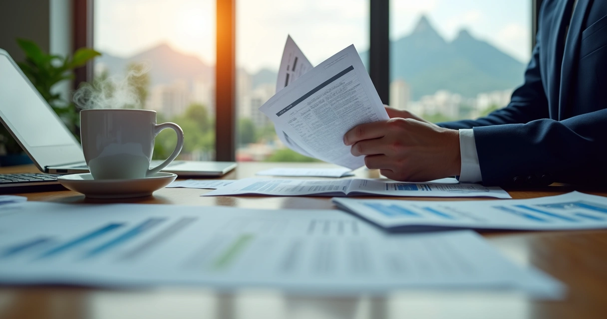Mesa com documentos contábeis, laptop e caneca de café no escritório