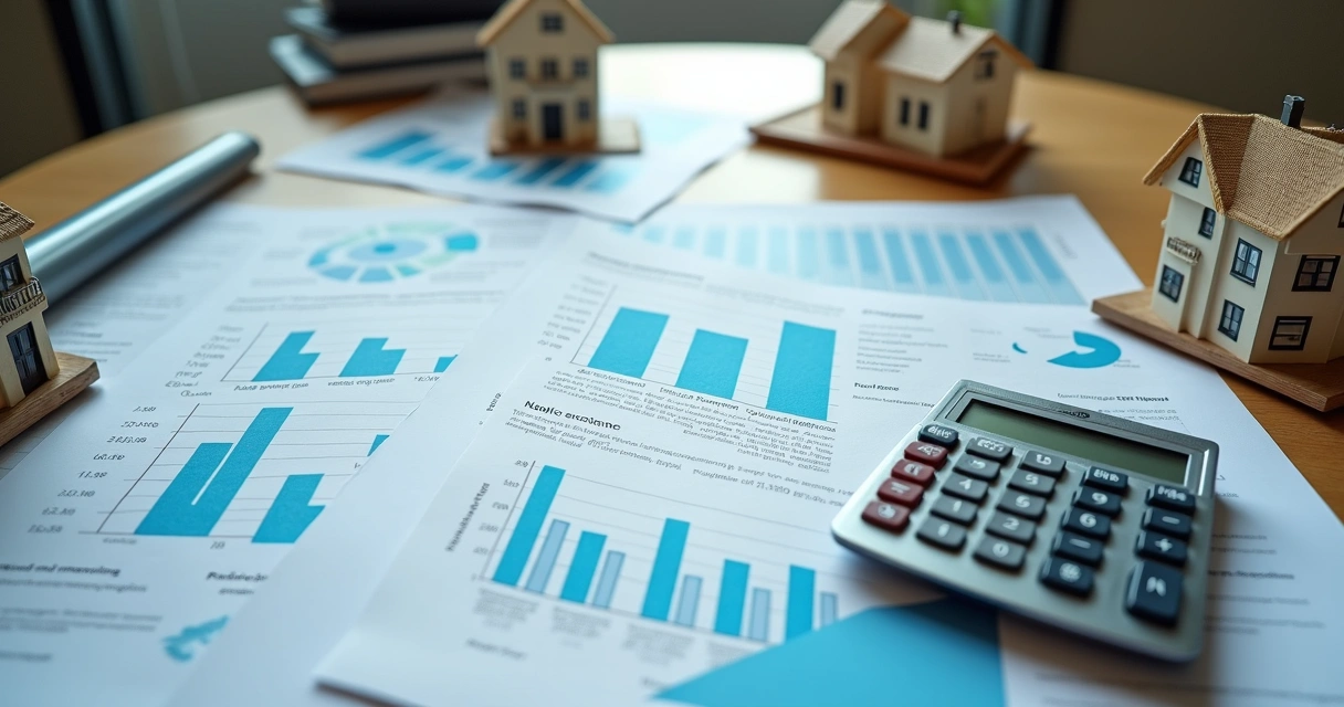 Mesa de escritório com documentos fiscais, calculadora e miniaturas de casas ao lado.