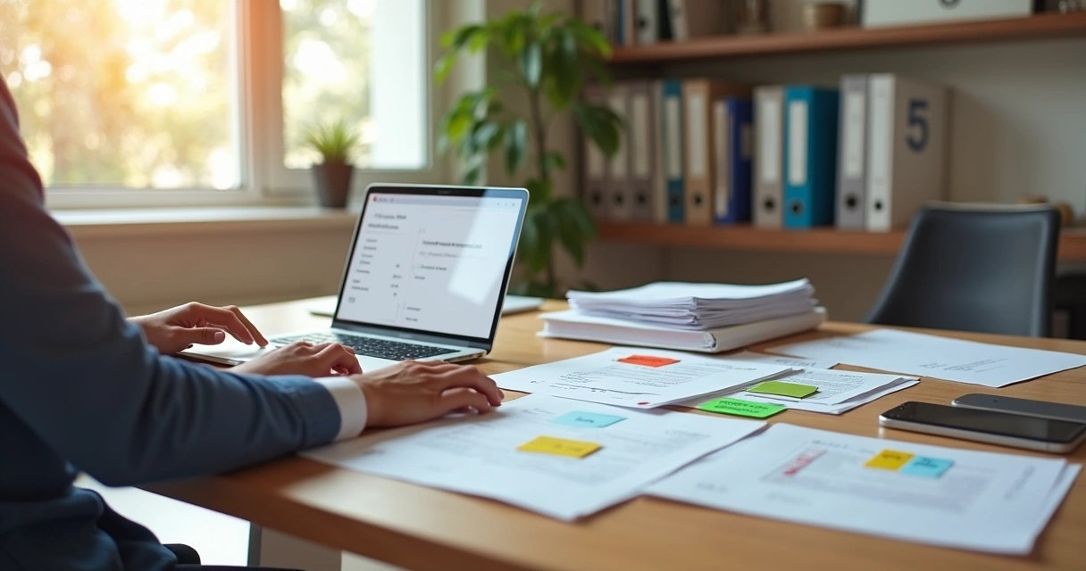 Mesa de escritório com empresário separando vários documentos contábeis 