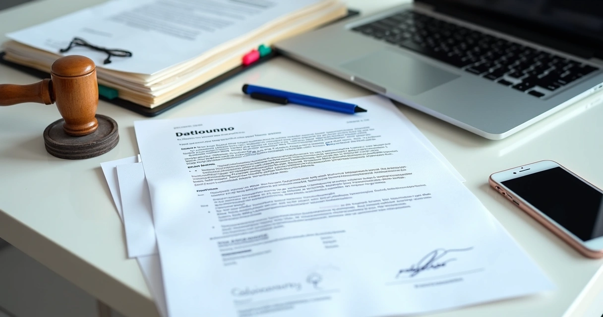 Mesa com contratos, caneta, carimbo e laptop, simbolizando abertura de empresa para representante comercial. 