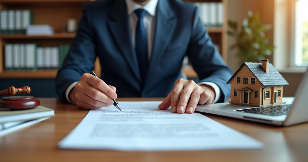 Advogado analisando contrato de hipoteca sentado à mesa com documentos 