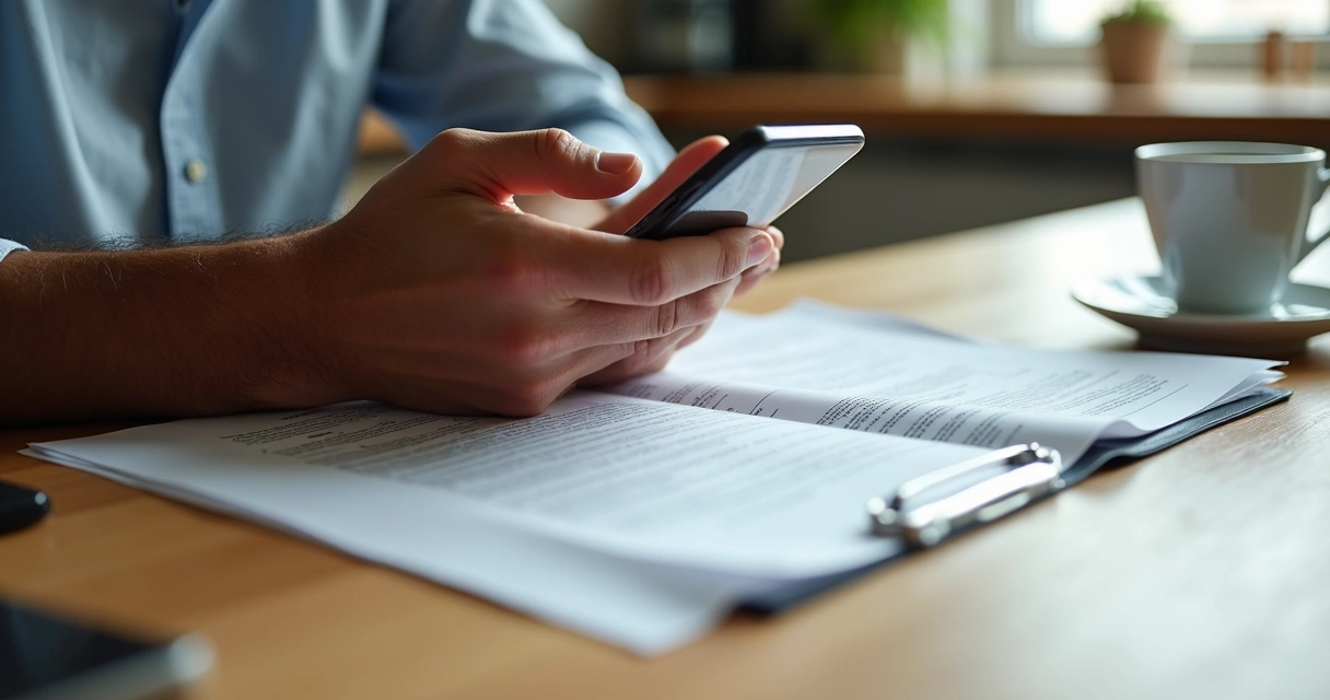 Brasileiro lendo contrato de aluguel com tradução no celular 