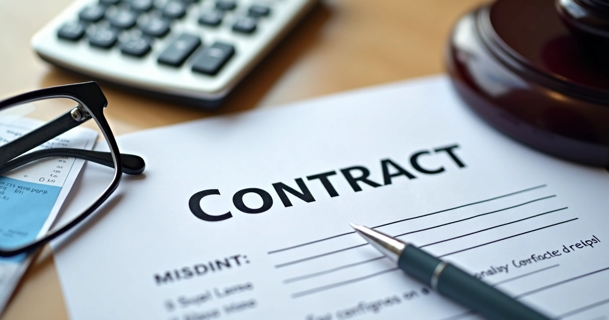 Contrato bancário, calculadora e comprovantes organizados sobre uma mesa