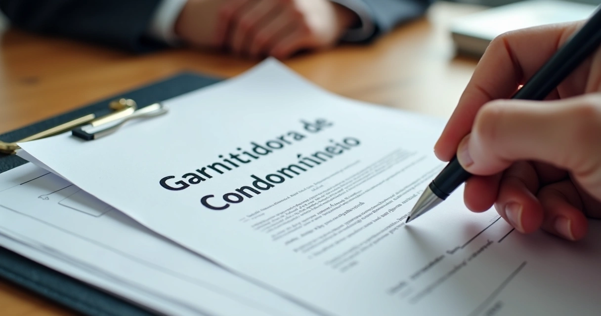 Contrato e documentos de garantidora de condomínio em mesa 