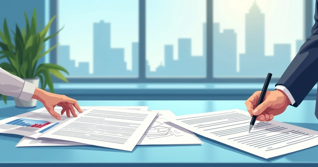 Contratos e documentos de imóvel organizados em mesa 