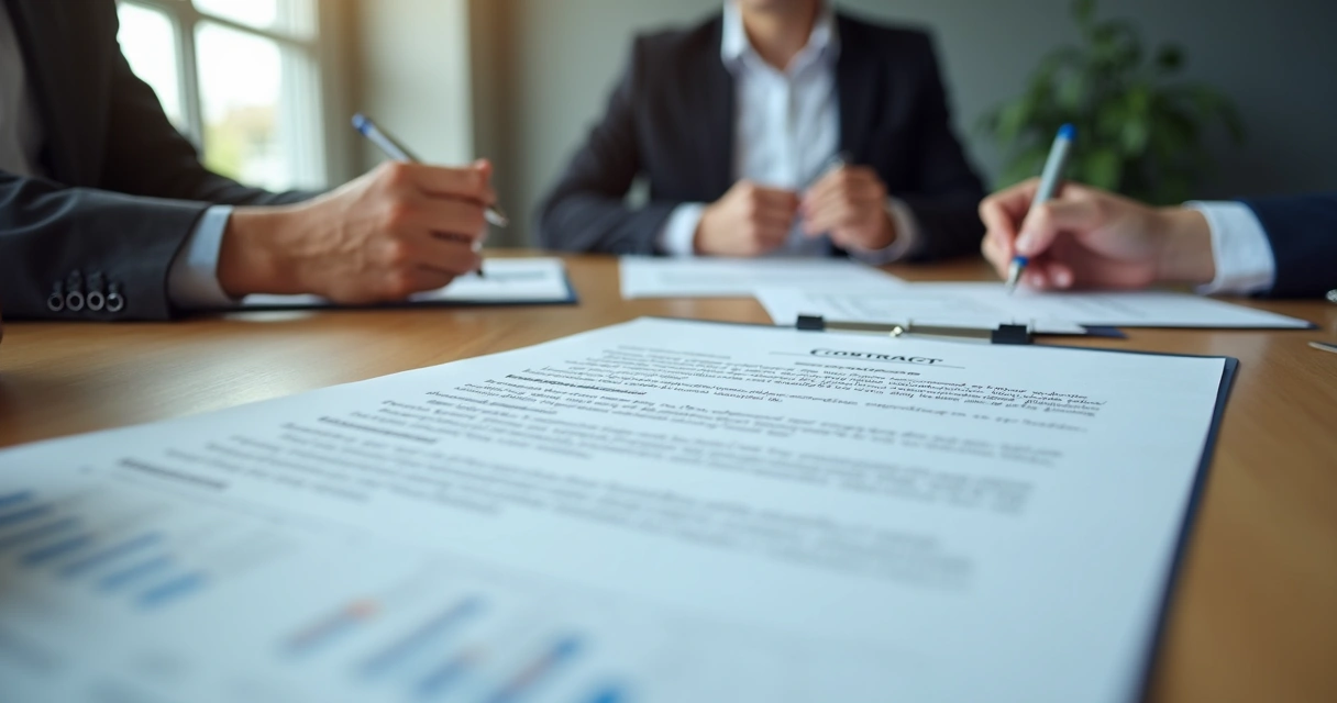 Mesa com documentos e contrato de terceirização sendo analisados por executivos 