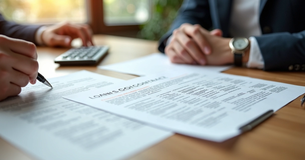 Contratos e documentos financeiros sobre uma mesa, com uma mão segurando uma caneta e um cofre ao lado 