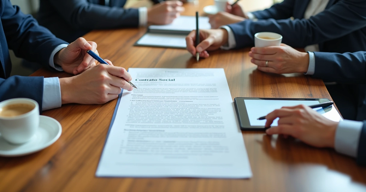 Contrato social sendo assinado por sócios com documento sobre mesa 