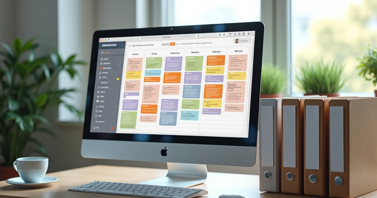 Pastas organizadas de documentos em mesa de escritório 