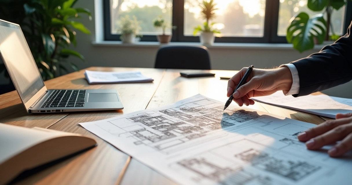 Mesa de reunião com documentos, contratos e planta de empreendimento imobiliário detalhada 