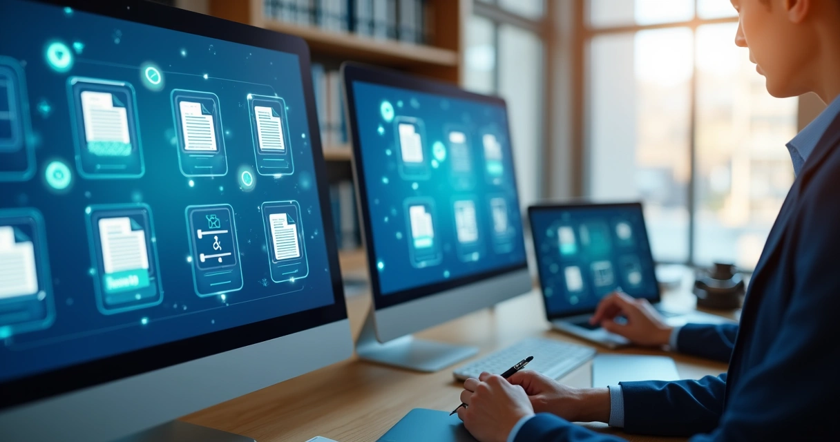 Documentos jurídicos sendo organizados digitalmente por equipe de compliance 