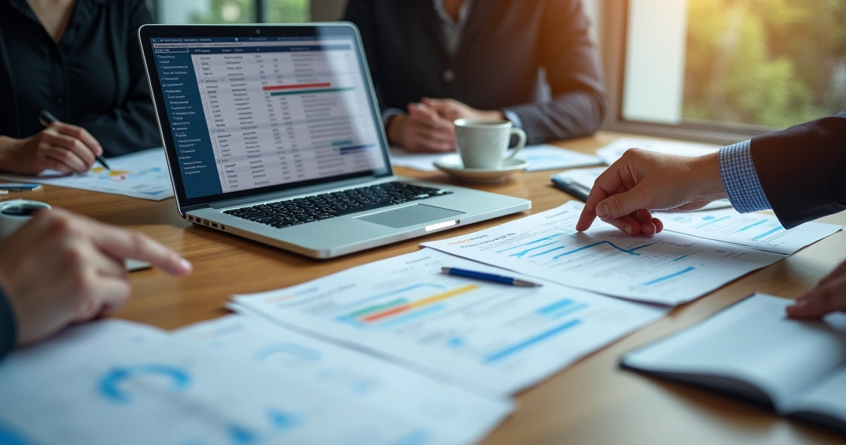 Mesa de reunião com documentos, planilha de controle de riscos e laptop abertos