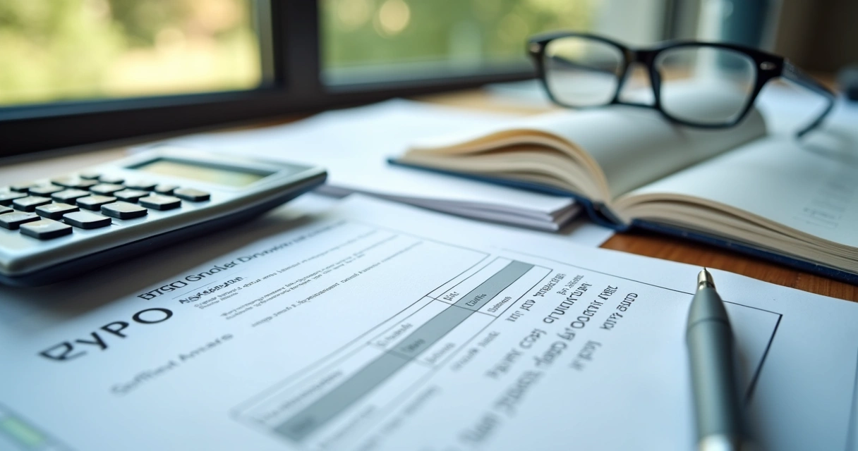 Papéis de normas CPC e calculadora em mesa de escritório 