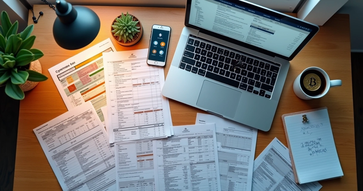 Documentos de criptomoedas e extratos de exchanges sobre mesa 