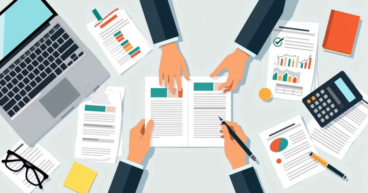 Mesa com vários documentos, computador e mãos preenchendo formulário 