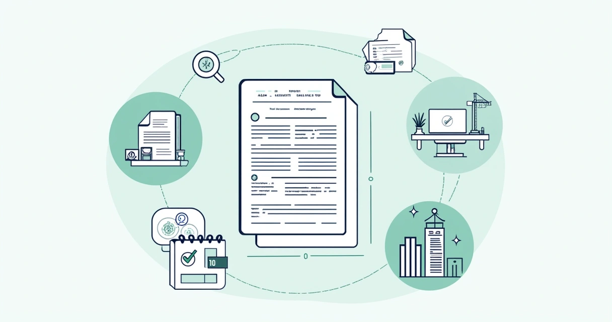 Ilustração de uma mesa com contrato aberto e documentos para distrato imobiliário em ambiente organizado.