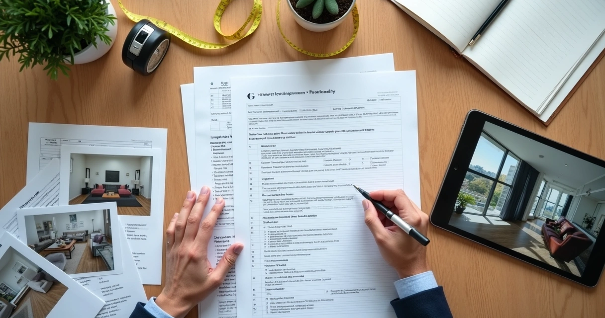 Mesa com checklist, fotos impressas e tablet de vistoria 