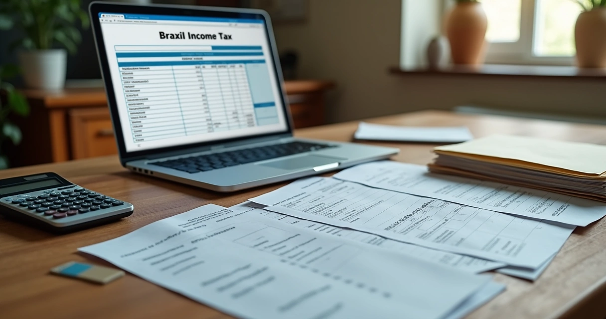 Mesa organizada com documentos, recibos de aluguel e laptop abertos em formulário de imposto de renda 