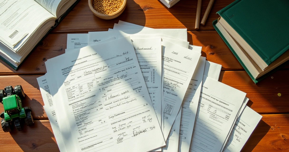 Notas fiscais, recibos, contratos e Livro Caixa organizados sobre uma mesa 