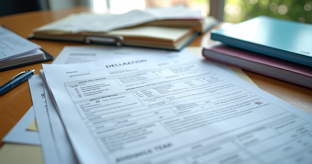 Pilha de documentos de plano de saúde com caneta ao lado 