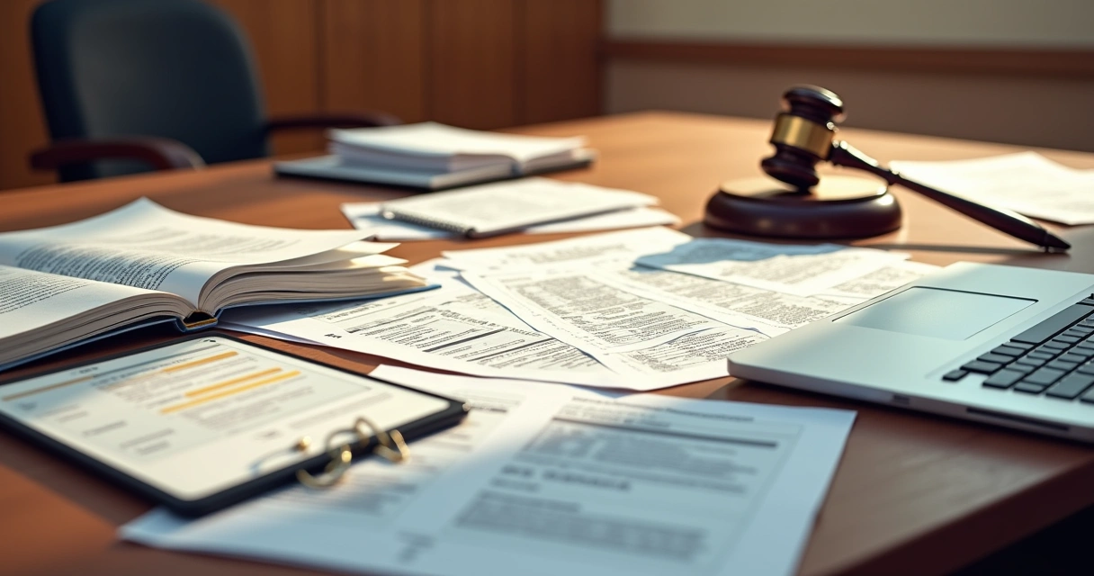 Documentos desorganizados espalhados sobre uma mesa de tribunal 