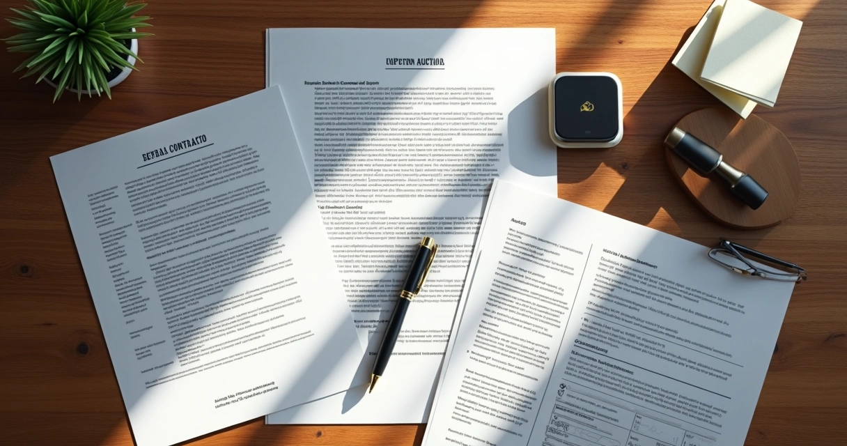 Mesa de madeira com documentos do leilão organizados, auto de arrematação, edital, contrato e caneta 