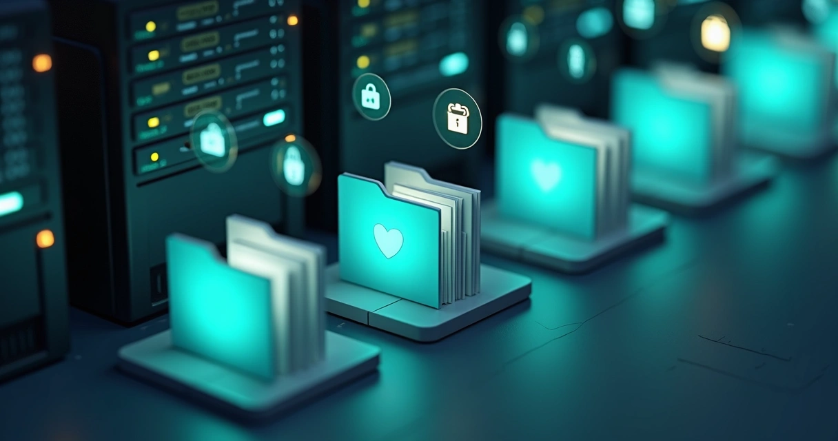 Pastas e documentos digitais organizados em um servidor moderno 