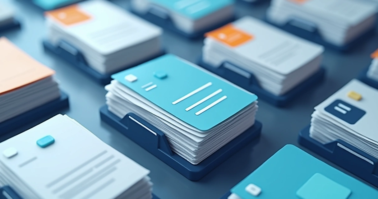 Pilha de documentos digitais organizados em pastas virtuais com interface de ERP 