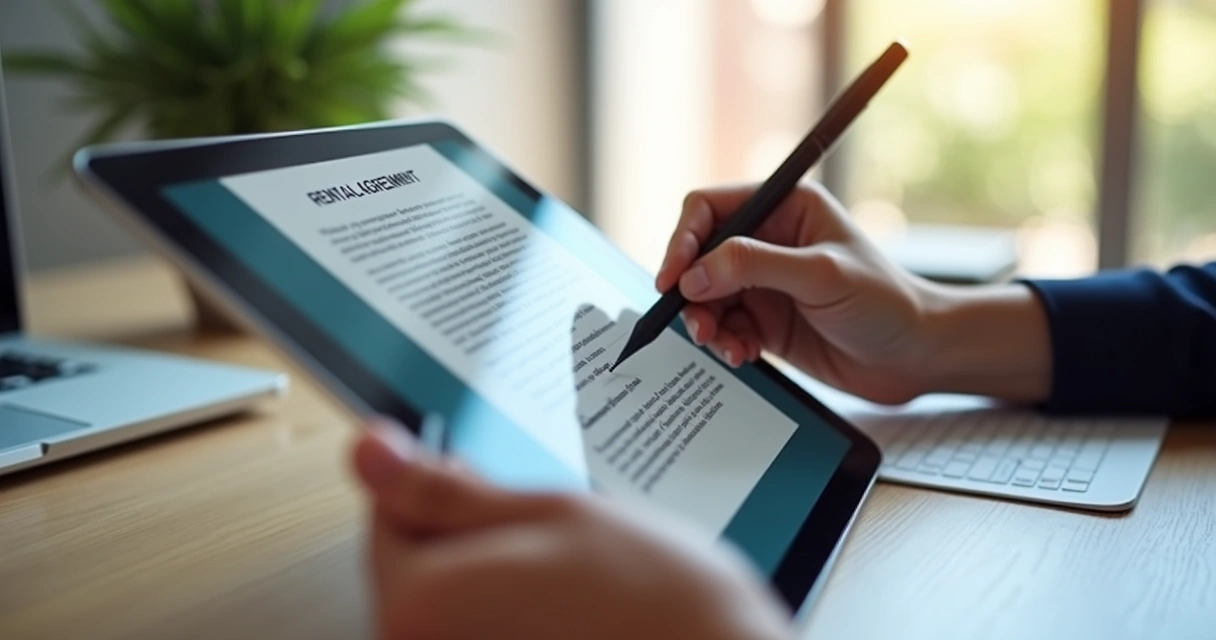 Assinatura digital em contrato de aluguel em tablet com mão segurando caneta touch