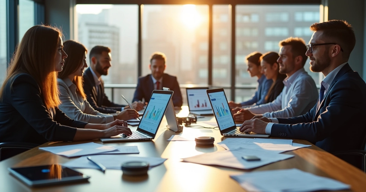 Equipe analisando documentos digitais em computadores numa mesa de escritório