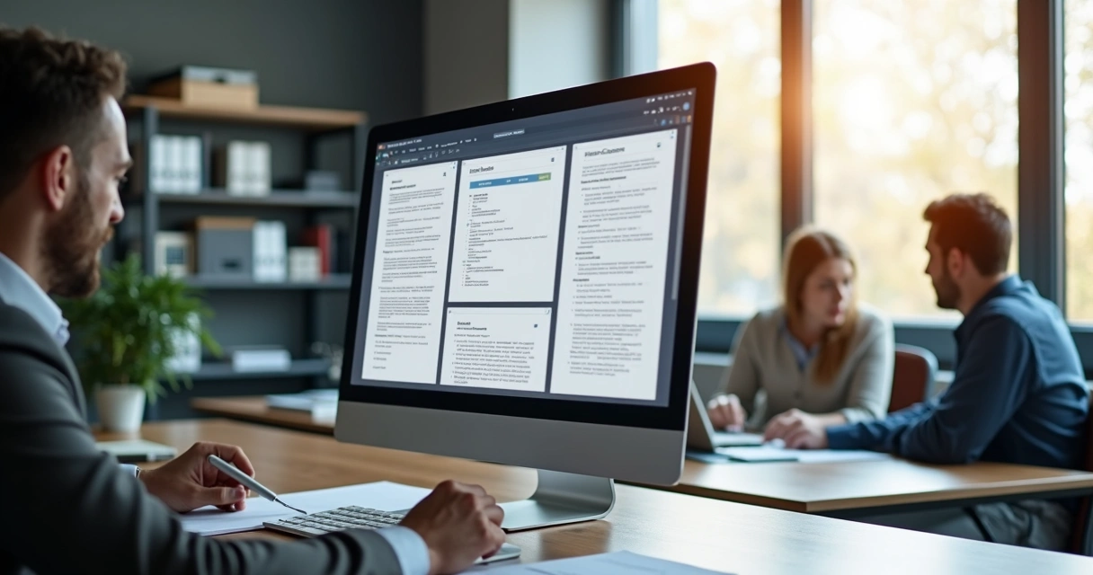 Documentos digitais em tela de computador em ambiente de escritório 