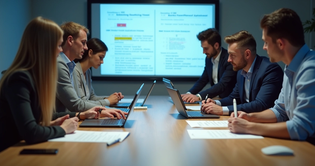 Documentos digitais sendo revisados por equipe jurídica e financeira 