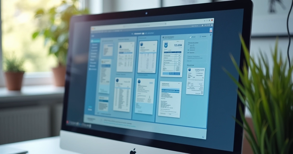 Pilha de documentos digitais em tela de computador de escritório 
