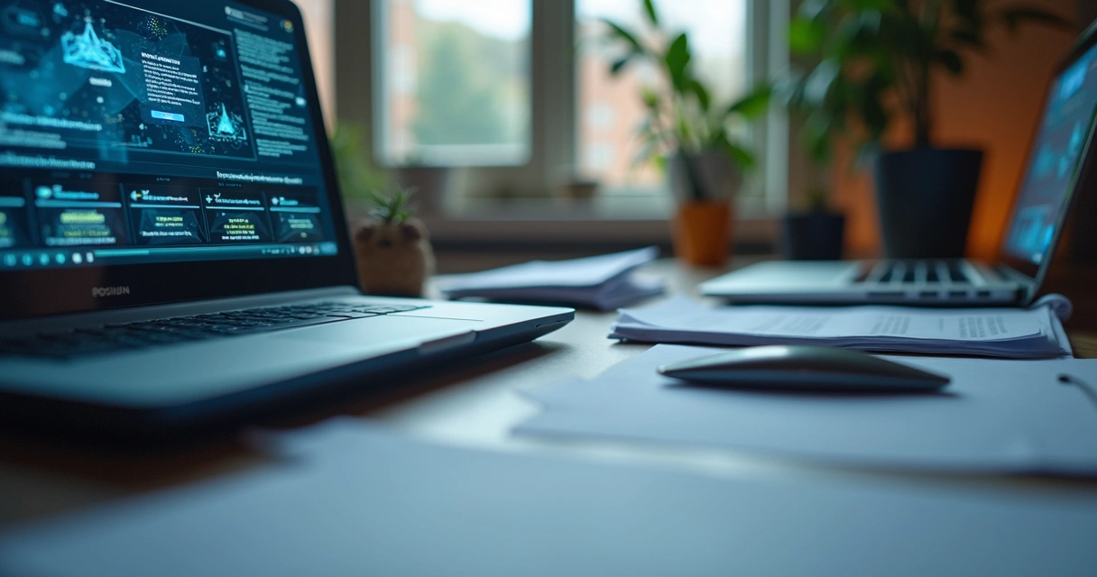 Documentos digitais em tela de computador sobre uma mesa de escritório 