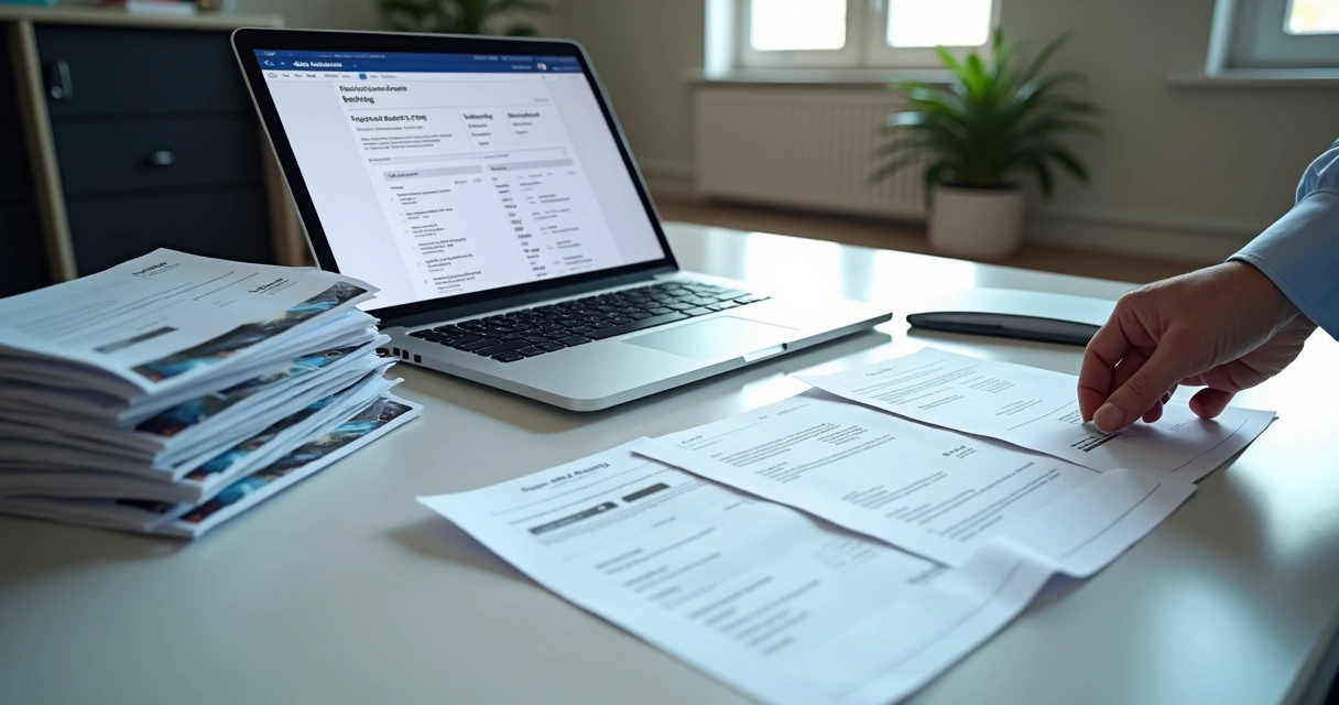 Documentos digitalizados organizados em uma mesa com um notebook ao lado 