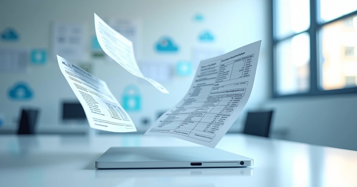 Documentos fiscais digitais flutuantes em ambiente moderno de escritório 