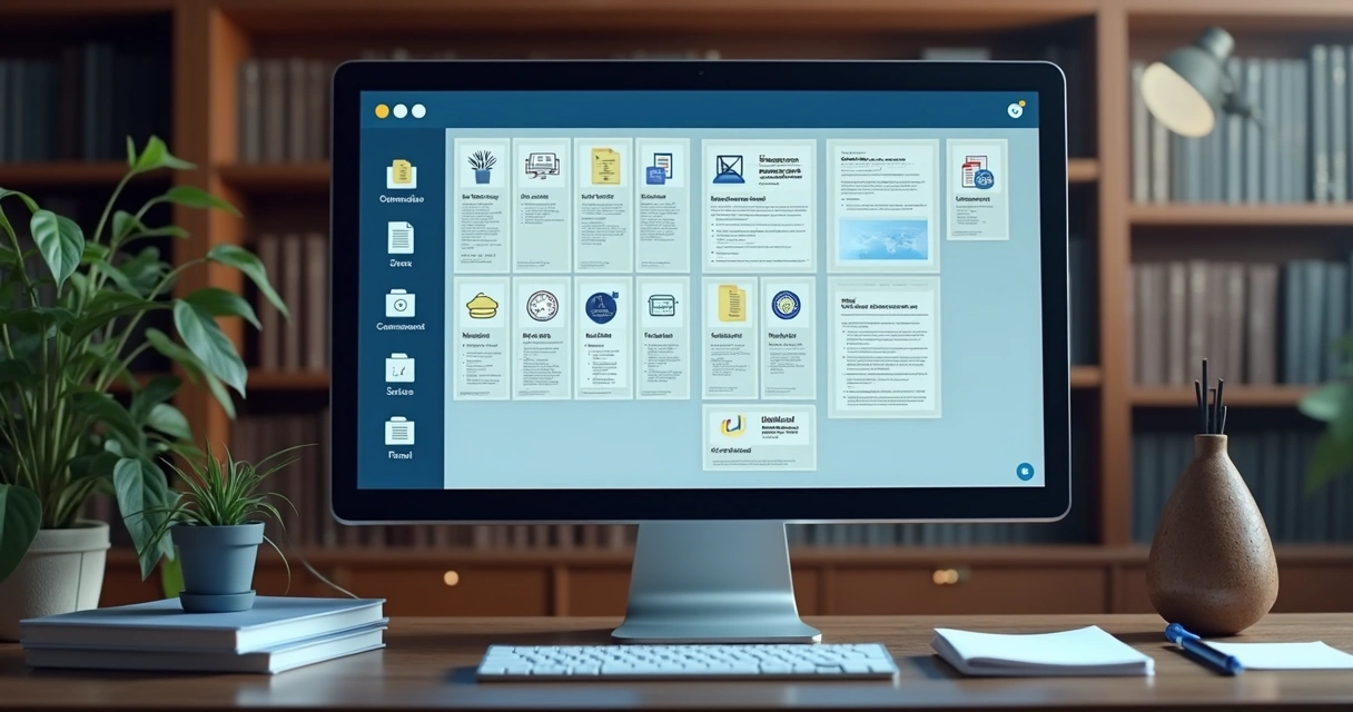 Tela de computador com arquivos digitais organizados e exemplos de documentos legislativos 