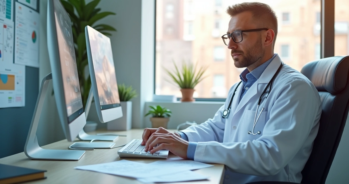 Médico digitando dados em computador enquanto documentos digitais aparecem na tela