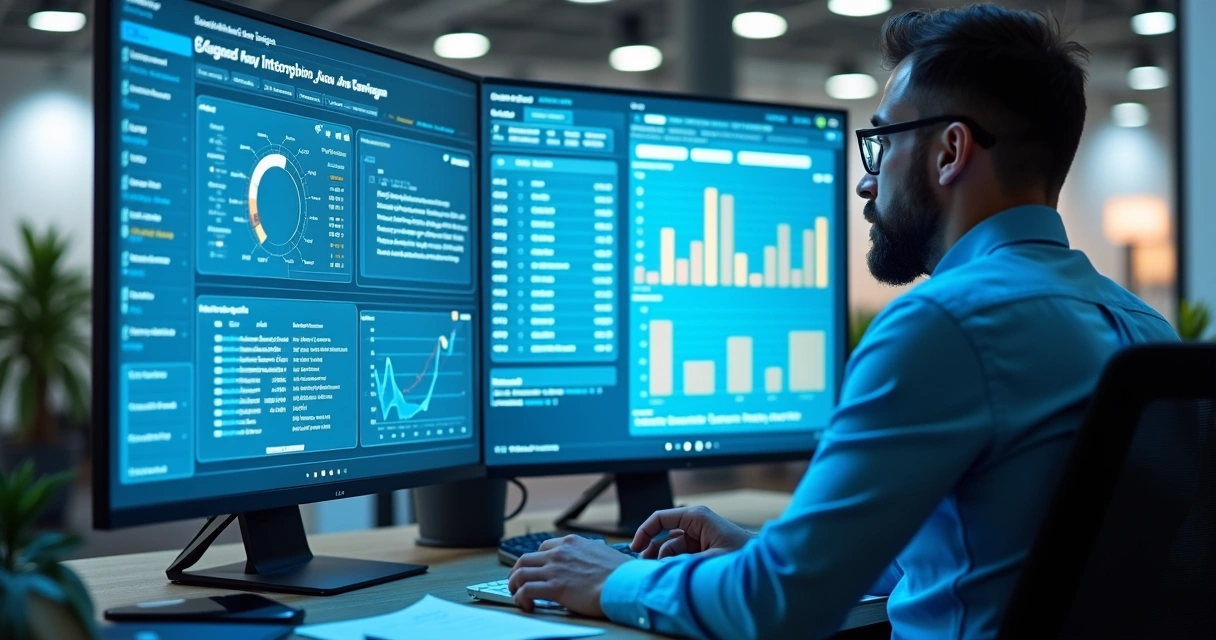Documentos digitais organizados em pastas e dashboards na tela, com contador revisando processos fiscais. 