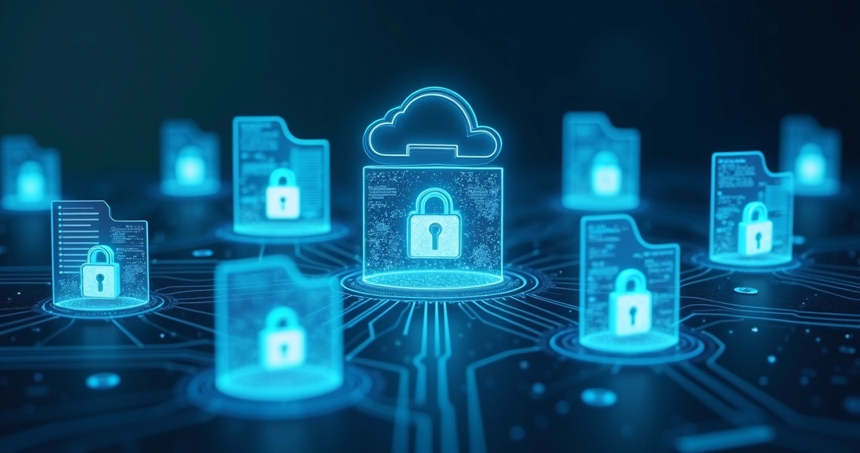 Documentos digitais organizados em nuvem com ícones de cadeado representando segurança 