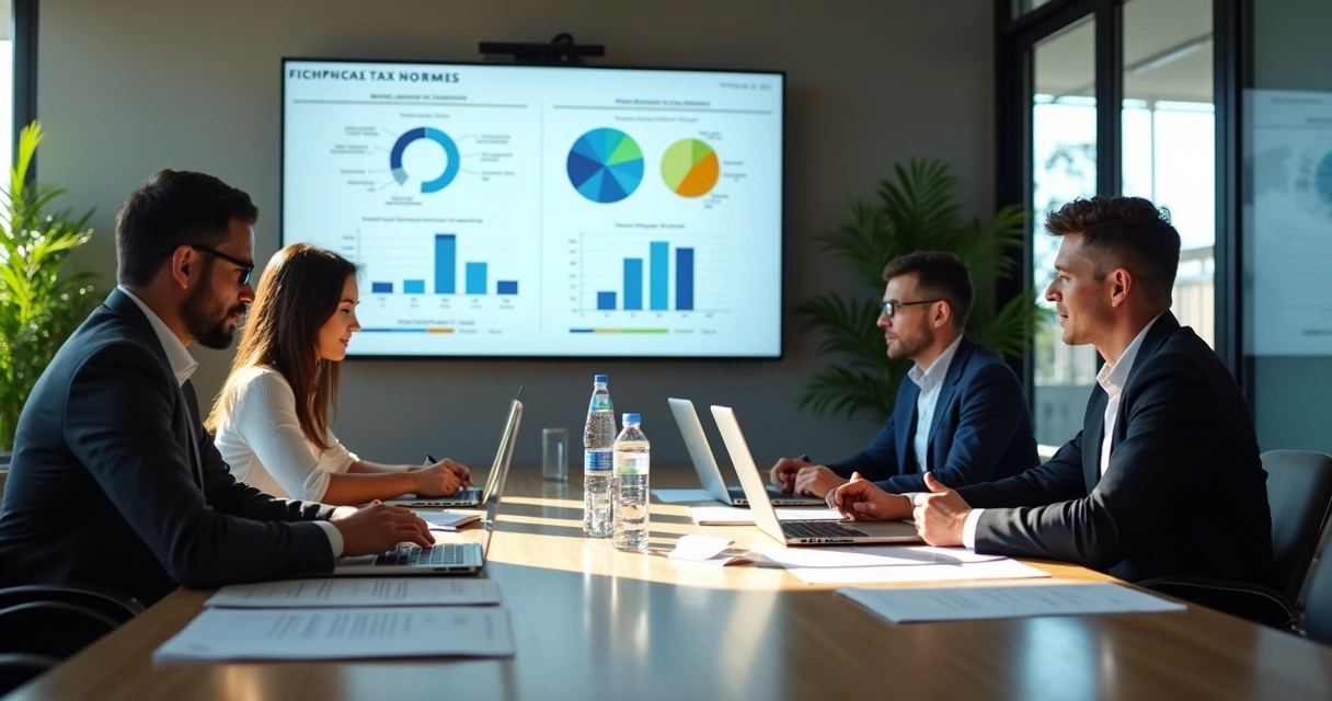 Profissionais reunidos analisando dados fiscais digitais