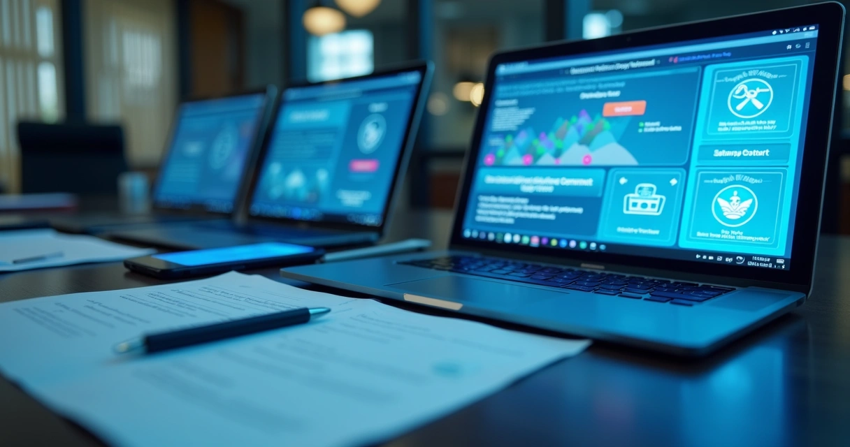 Mesa com múltiplos documentos digitais sendo assinados e validados digitalmente 