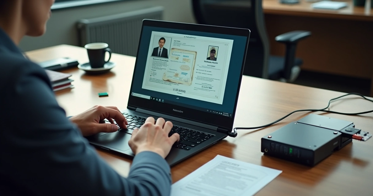 Persona revisando archivos digitales en una computadora portátil 