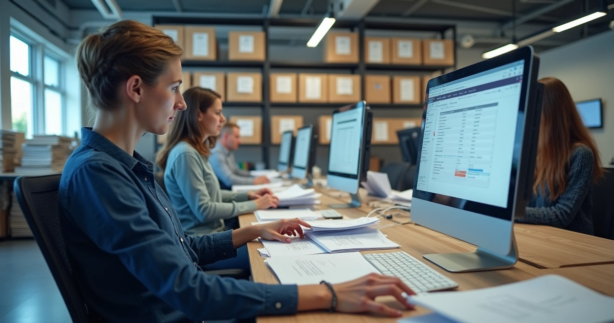 Equipe organizando documentos e digitalizando papéis em um escritório moderno 