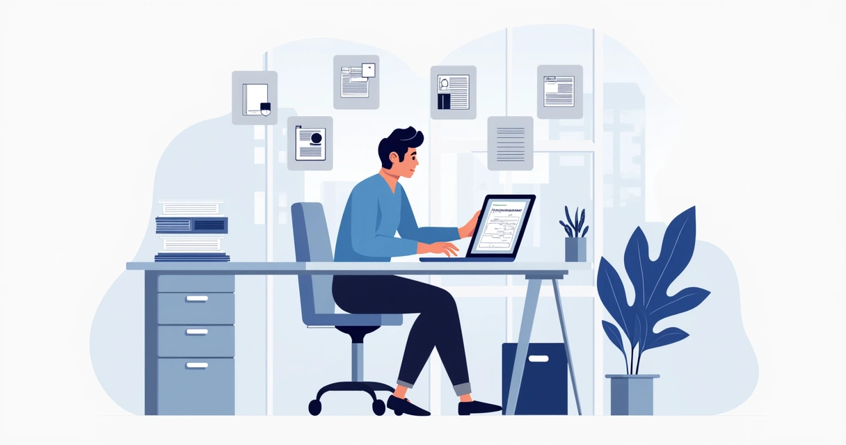 Pessoa digitalizando documentos para processo imobiliário em mesa de escritório 