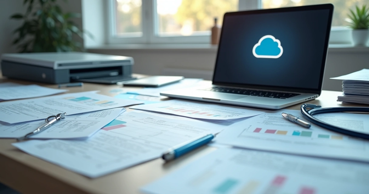 Arquivos digitalizados empilhados em uma mesa de consultório 