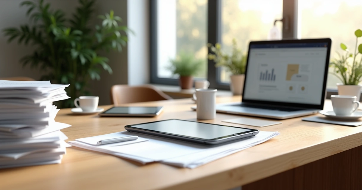 Documentos organizados e digitalizados sobre uma mesa de escritório 