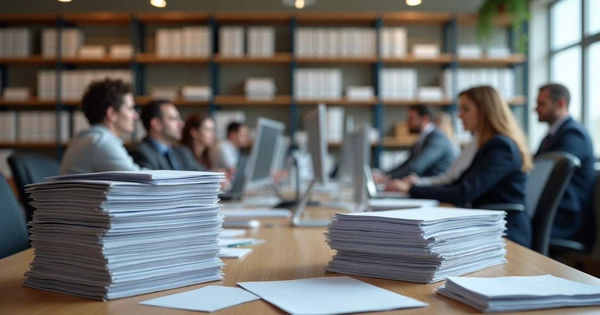 Pilhas de documentos sendo digitalizados em escritório 